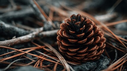 Close-up of a pine cone resting amidst fallen needles, branches, and forest debris