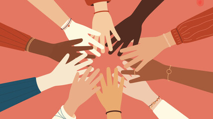Many diverse hands with varying skin tones reaching inwards to form a supportive circle