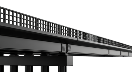 isolated segment of sleek, polished black composite bridge structure with geometric square railing, macro detail view on pure high-key white background. concept of advanced structural engineering