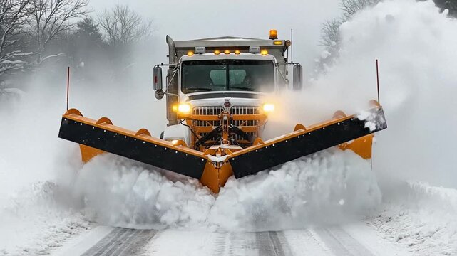 Heavy snowplow clears a snowy road with its blade in action during winter conditions.