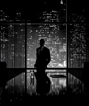 Silhouette of a Man in a Suit, standing in a dark executive's office suite, in the tops floor of a high rise in a city, there are no drapes on the windows, which are from floor to ceiling. His back is