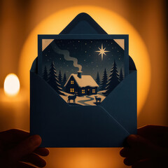 Hands Holding Christmas Holiday Card with Winter Cabin Scene in Dark Blue Envelope