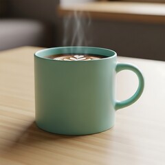 Mint Green Mug with Heart Latte Art and Steam on Wood Table
