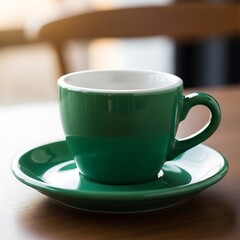Elegant Green Ceramic Espresso Cup and Saucer on Wooden Surface
