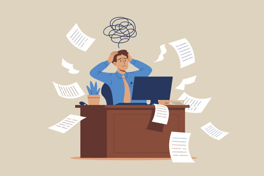 A man feeling overwhelmed and stressed in a busy office with papers flying around
