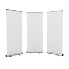 Three blank retractable banners isolated on transparent background