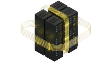 Isometric Server Racks Connected by Glowing Yellow Fiber Optic Cables, Data Flow Visualization