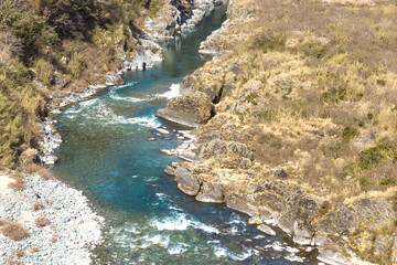 Landscape view of Oboke Gorge, Tokushima, Japan, the famous sightseeing of Iya Valley with turquoise water river
