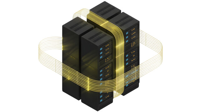 Isometric Server Racks Connected by Glowing Yellow Fiber Optic Cables, Data Flow Visualization - Powered by Adobe