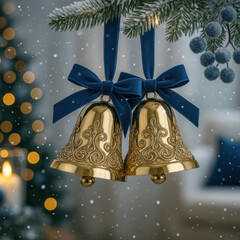 Two Gold Christmas Bells with Blue Ribbons Hanging on Snowy Fir Branch