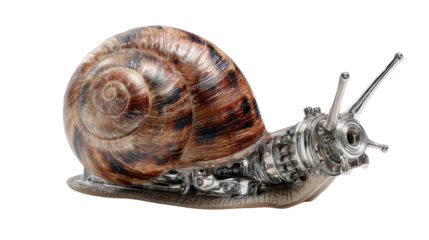 Cyborg snail with metallic body and natural shell symbolizing biotechnology, slow progress, and futuristic hybrid life