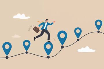 A determined businessman advancing on a winding path of success, marked by strategic milestones