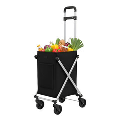 Black shopping cart filled with fresh produce and groceries