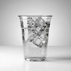 Cold Water with Ice Cubes in Clear Plastic Cup on White