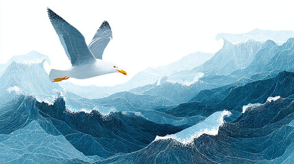 A seagull soaring above the undulating ocean waves, with vibrant colors. The seagull has its wings spread, emphasizing the motion 