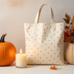 Cream Canvas Tote Bag Mockup with Orange Polka Dots and Autumn Decor