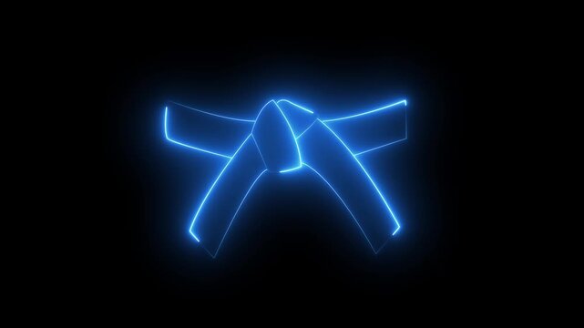 glowing neon karate belt icon isolated on black background. animation icon of a Rank Belt, symbolizing martial arts achievement, discipline, and progress through training levels. 4k video animation.