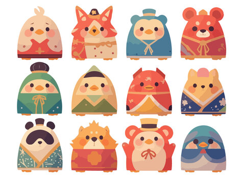 Dwanaście uroczych zwierzęcych postaci w tradycyjnych japońskich strojach, takich jak lis, miś i ptak, tworzy barwną ilustrację w stylu kawaii.
