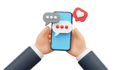 Hands holding smartphone with chat bubbles and heart icon