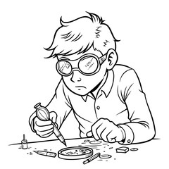 Young boy focused on building a robot using tools and components in a black and white outline illustration