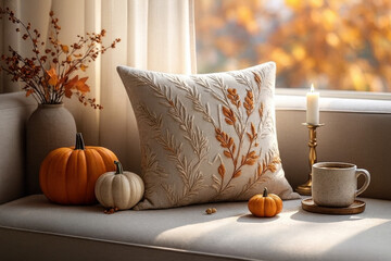 Autumnal White Embroidered Cushion and Pumpkins on a Sofa by a Window