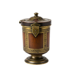 Antique wooden container with brass accents and ornate lid