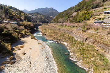 Landscape view of Oboke Gorge, Tokushima, Japan, the famous sightseeing of Iya Valley with turquoise water river