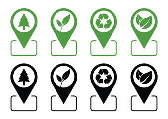 Eco-Friendly Sustainability Map Pin Icon Set: Green Nature and Recycling Location Markers