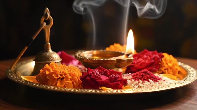 Traditional Indian Puja Thali Illuminated with Oil Lamp and Surrounded by Colorful Flowers