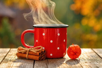 Steaming Red Polka Dot Mug with Cinnamon Sticks and Physalis on Wooden Table