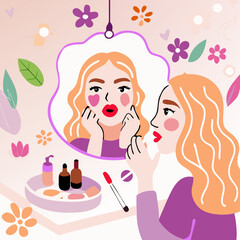 Illustration of a woman applying makeup and admiring herself in the mirror surrounded by flowers