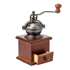 Vintage coffee grinder with wooden box and metal mechanism