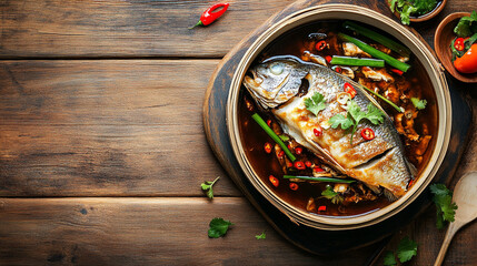 A cooked fish served with herbs, sauce, and vegetables, ideal for culinary promotion and food blogs.