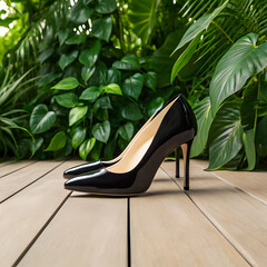 high heels on floor against plants