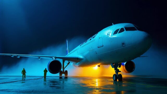 A Dramatic Scene Unfolds as an Airplane Stands Oppressed Against the Elements, Shrouded in Mist with Technicians Monitoring Conditions, Showcasing the Intensity of Aviation Operations