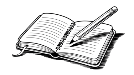 Open Notebook with Pencil and Shadow, Black and White Sketch Style, Representing Ideas and Planning