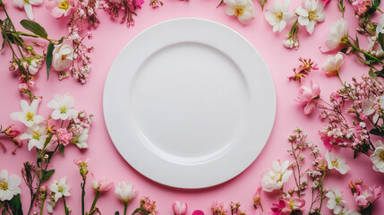 Empty White Plate with Floral Background suitable for food, dining, or elegance-themed promotional content.