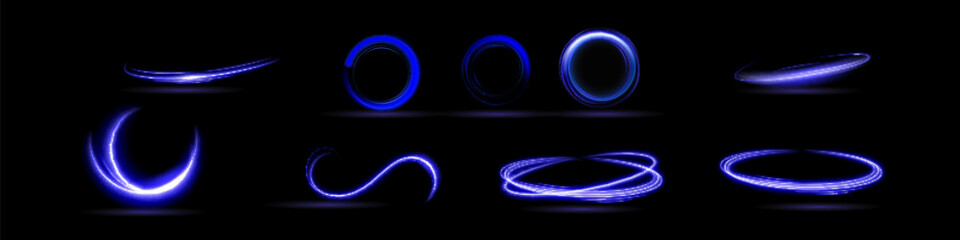 Neon swirl. Curve blue line light effect. Abstract ring background with glowing swirling background. Energy flow tunnel. Blue portal, platform. Magic circle vector.