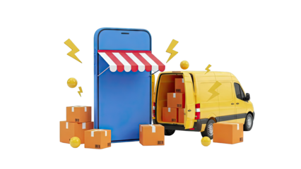 Online shopping and delivery concept with van and phone