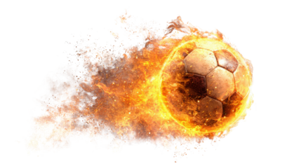 Soccer ball in motion with fire and flames, demonstrating speed, power, and dynamic energy on transparent background