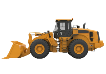 modern yellow wheel loader, heavy industrial machinery, detailed hydraulic system and deep-tread tires, perfectly posed against a transparent studio background. concept of industrial strength