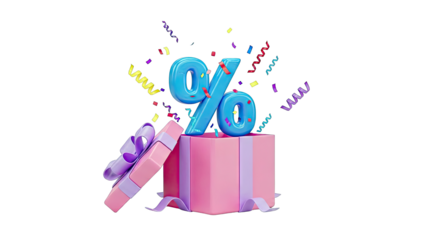 Percentage Symbol Emerging from Gift Box with Confetti