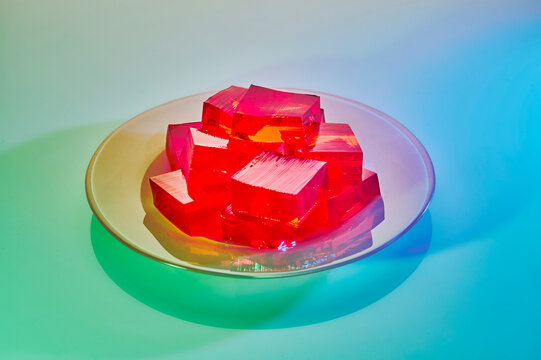 Plate of strawberry gelatin squares