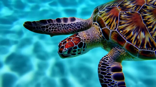 A sea turtle glides through turquoise waters, its patterned shell and head in close-up