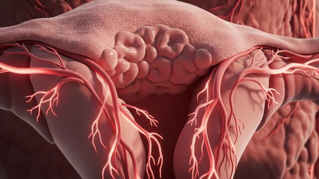 The uterine lining preparing for implantation. Under estrogen and progesterone influence, the lining becomes thicker and more structured. Blood supply pathways glow evenly