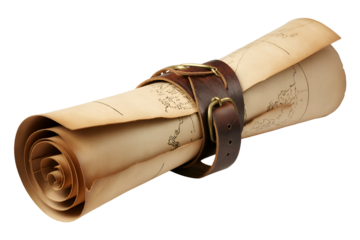Ancient rolled parchment scroll with leather strap isolated on transparent background