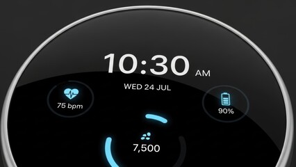 Sleek Digital Interface Displaying Health Metrics, Time, Date, and Battery Life on a Modern Device
