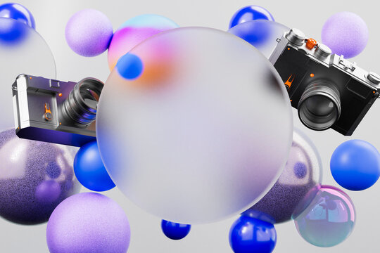 3D render of multiple vintage cameras with abstract spheres