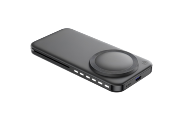 Compact portable digital audio player with large dial isolated on transparent background