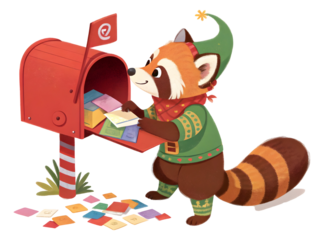 Cute Red Panda Elf Mailing Letters at Red Mailbox Festive Holiday Scene with Falling Mail Isolated on Transparent Background